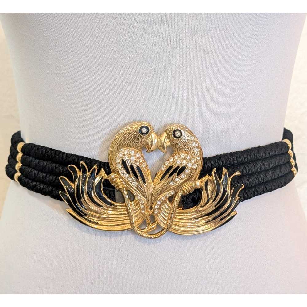 1970s West Germany Gutos Stretch Belt Gold Tone Double Parrot Rhinestone Buckle